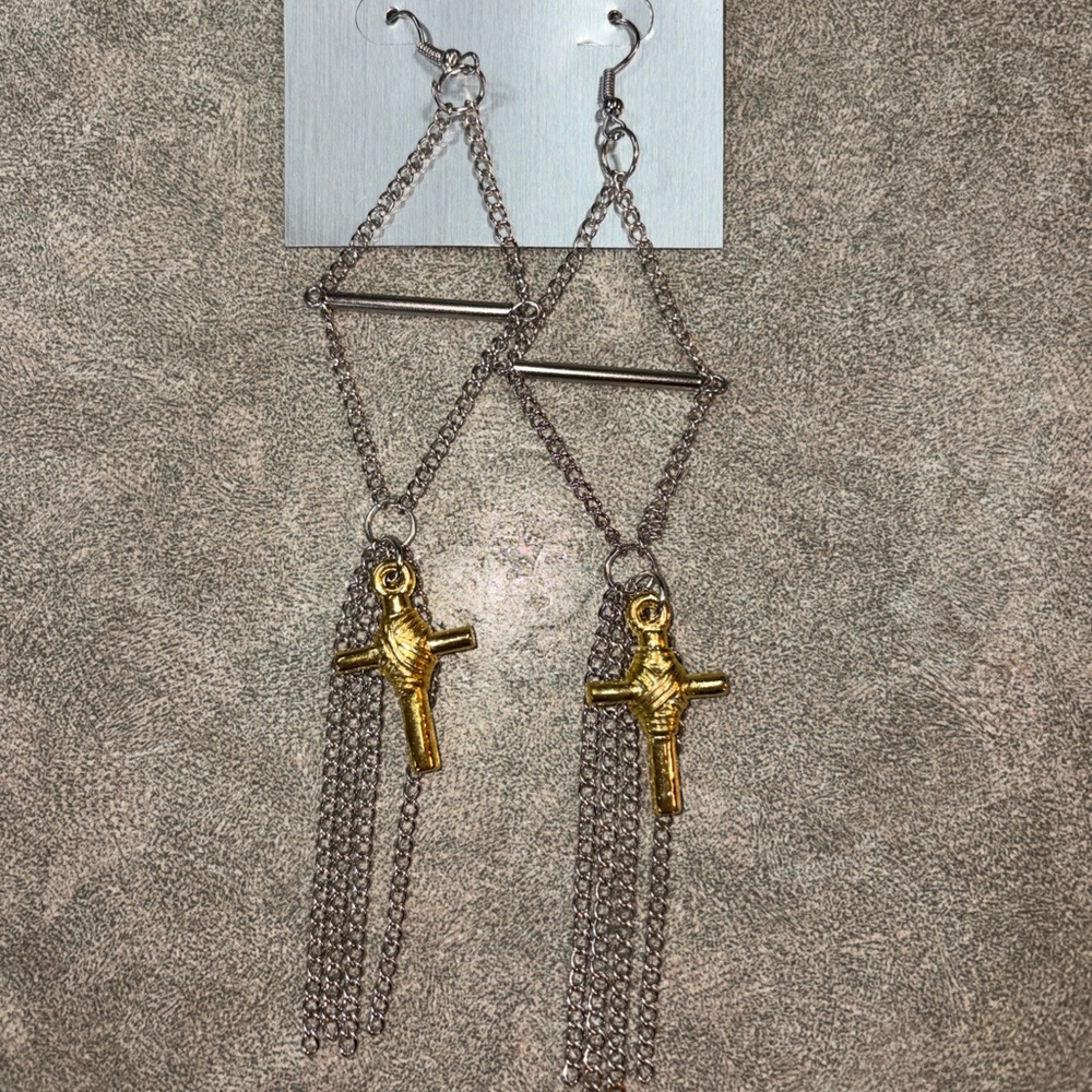 Gold and Silver Cross Dangle Earrings